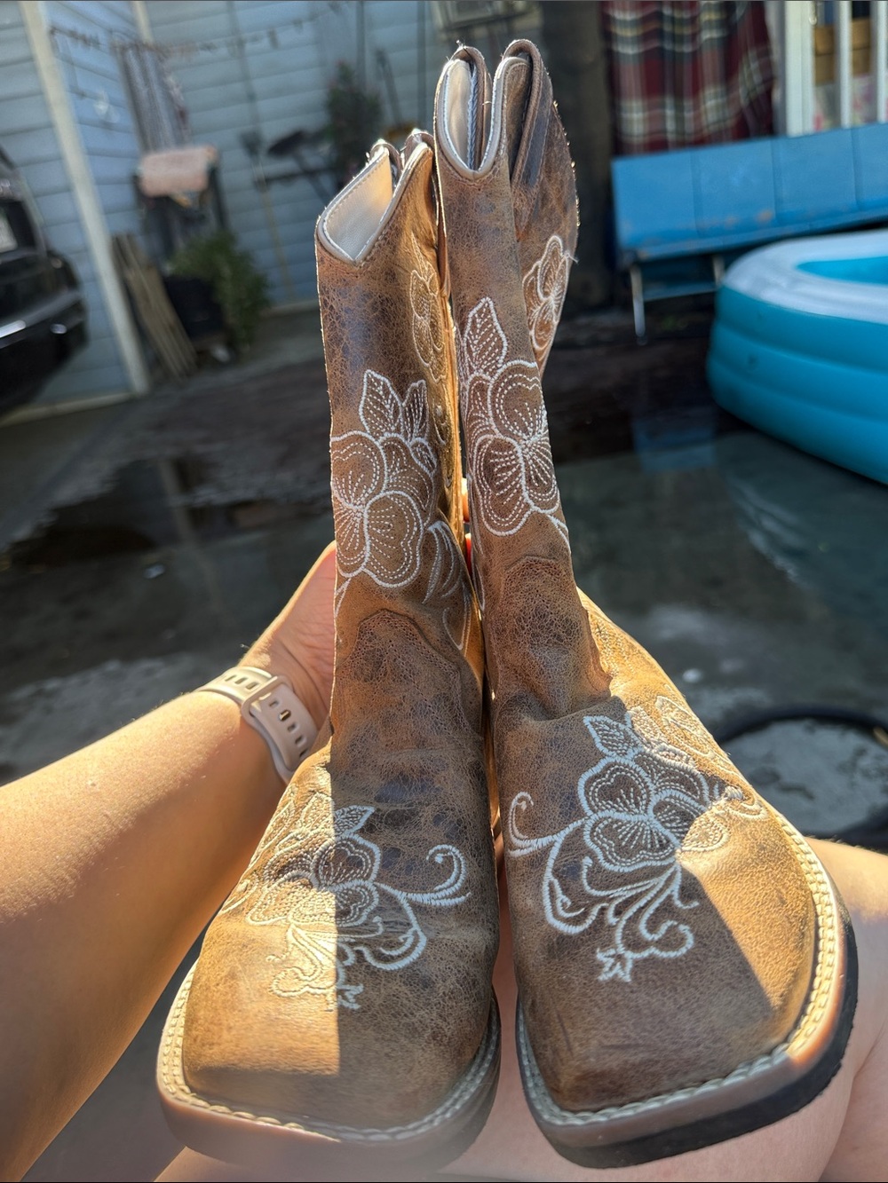 Shyanne Brown Kids Cowboy Boots with White Floral Stitching